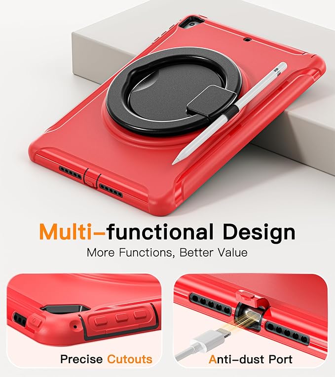 BATYUE Case for iPad 6th Generation 9.7 inch 2018, iPad 5th Gen 2017, iPad Air 2/ iPad Pro 9.7'',Shockproof Protective Cover with Pencil Holder &Rotating Kickstand for Kids,Boys,Girls, Red