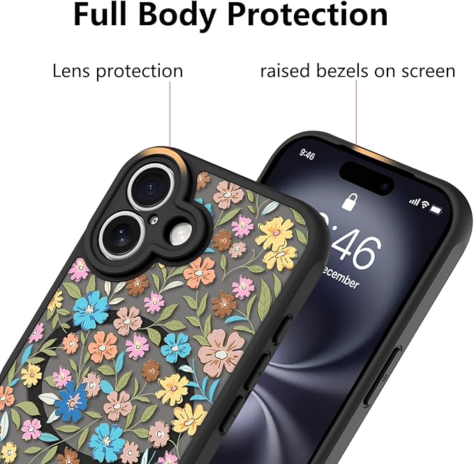 KANGHAR Case Compatible with iPhone 16 Plus Flower Pattern [Compatible with Magsafe] Cute Colorful Blooming Florals Protective Magnetic Case for Girls Women 6.7"