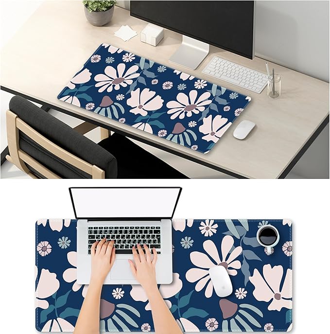 ARTSO Large Mouse Pad, Cute Blue Desk Mat for Desktop,Desk Pad Waterproof Gaming Mousepad for Women Girls, Art Leaf Flower Computer Protector Writing Pad for Office Home