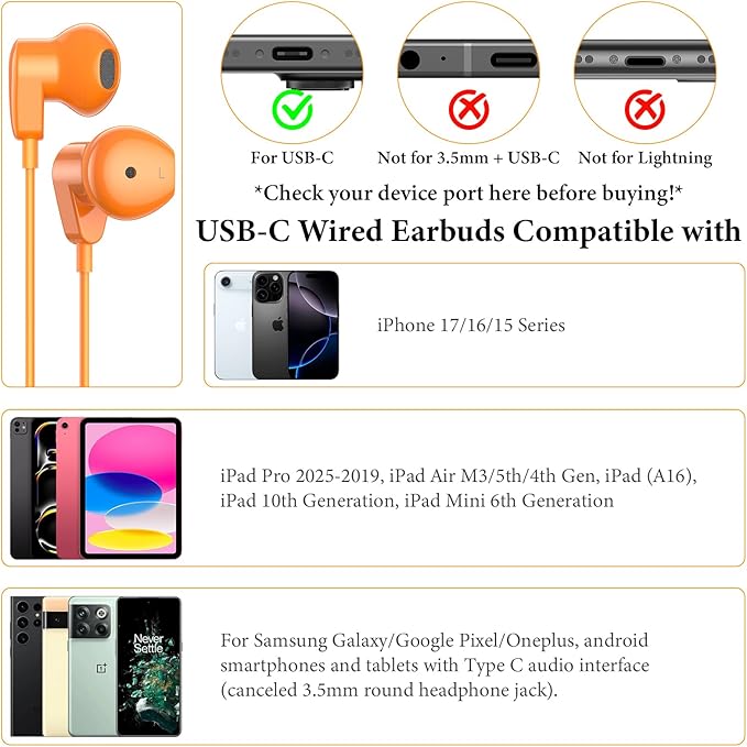 APETOO USB C Headphones for iPhone 17 Pro Max 16 15 Plus iPad USB-C Wired Earbuds with Microphone Volume Control HiFi Stereo Type C Earphones for Galaxy S26/S25/S24/S23/S22 Ultra, Pixel 10 9 8, Orange