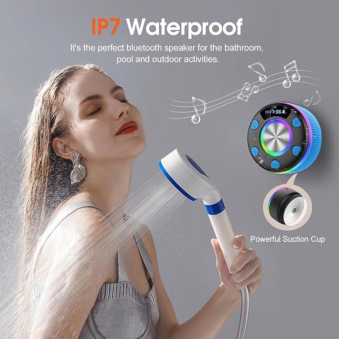 Bluetooth Shower Speaker, IP7 Waterproof Portable Bluetooth 5.3 Speakers with Suction Cup, Mini Wireless Speaker with RGB Lights Time Display, Loud Stereo Sound for Bathroom Beach Outdoor Party, Azure