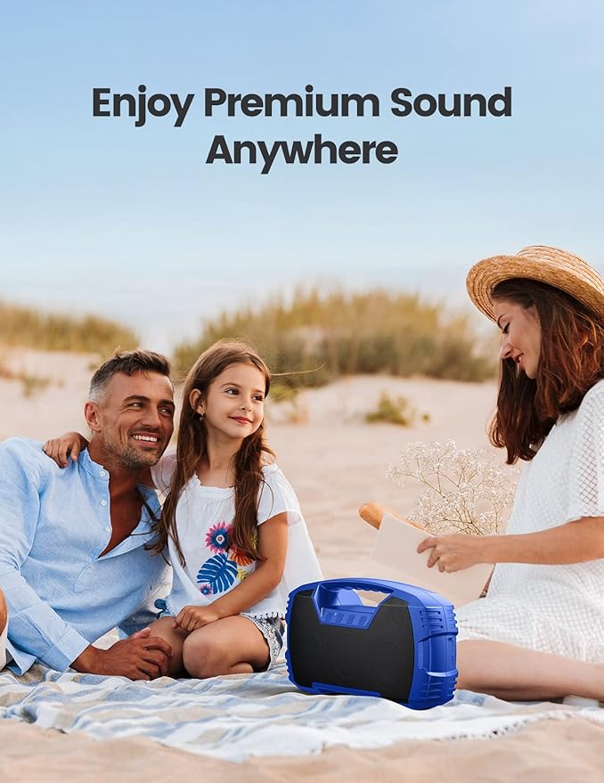 IPX7 Waterproof Outdoor Bluetooth Speaker, Wireless, 90W(Peak), 32H Playtime, Floating Design, Deep Bass & Loud Stereo Sound, Portable with Handle, Rugged for Pool, Beach, Kayaking, Hiking, Blue