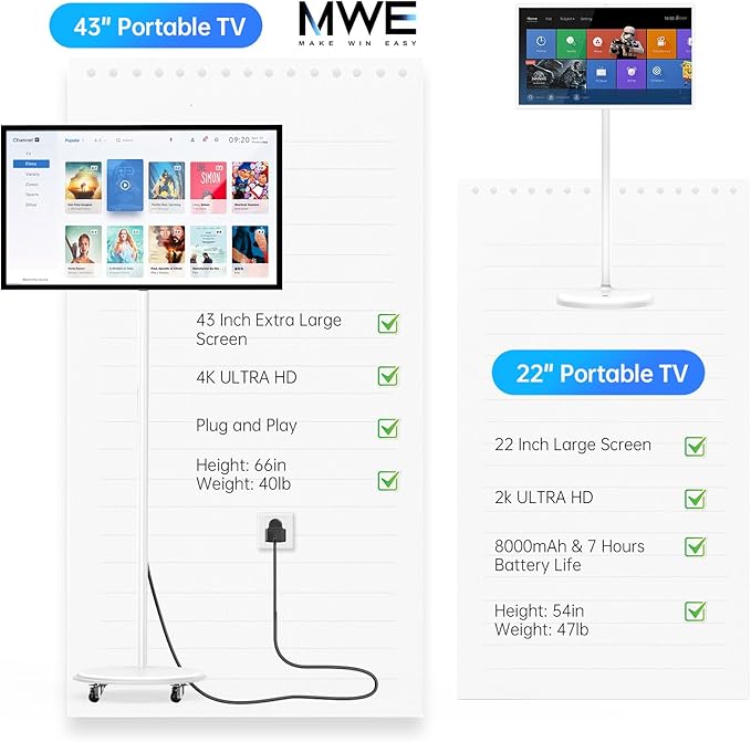22 Inch Portable TV on Wheels, 2K Smart Touch Screen Rolling TV LCD Display with Wires plugged in use, Android OS, Type-C, USB, HDMI Port, Support Wireless Mouse Keyboard