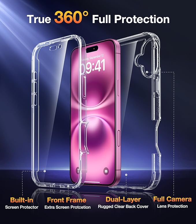 Diaclara Designed for iPhone 16 Case, Full Body Rugged Case with Built-in Touch Sensitive Anti-Scratch Screen Protector, Upgraded [Full Camera Protection] for iPhone 16 6.1" (Clear)