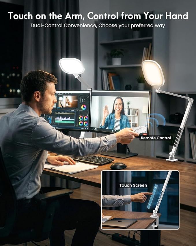 LitONES Video Conference Lighting for Computer, Dimmable Light for Video Recording, Meeting, Laptop & Webcam, 15W Ring Light for Desk with C- Clamp, Swing Arm, Remote, Memory & Timer CRI >95