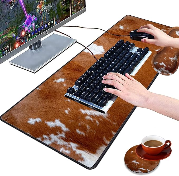 3 Piece Mouse Pad Set with Stitched Edge Large Anti-Slip Mouse Pad Desk Pad Keyboard Pad + Wrist Rest Pad + Coaster, Memory Foam Wrist Rest for Office/Home, Cowhide Leopard Brown Cow