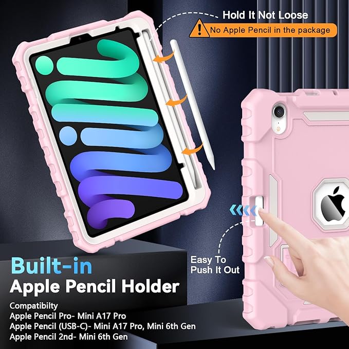 Grifobes Case for iPad mini 7 (A17 Pro) 2024 / Mini 6 2021 8.3 inch, Heavy Duty Shockproof Rugged Cover with Pencil Holder Stand, for I Pad Mini 7th/6th Gen 8.3" Case (Light Pink)