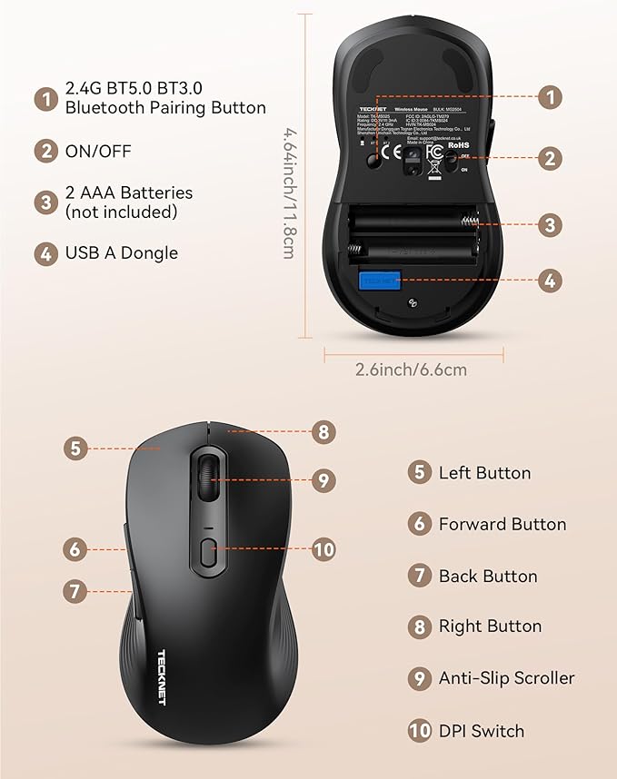 TECKNET Bluetooth Mouse, [ USB + BT1 + BT2 ] Wireless Mouse for Laptop, Silent Click, Ergonomic Design, 4800 DPI Computer Mice Wireless, Dual Mode for Laptop, Computer, iPad, MacBook