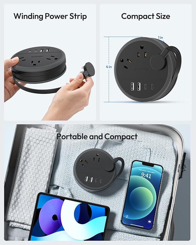 NTONPOWER Flat Plug Extension Cord, 2 USB C Travel Power Strip with 3 Outlets 4 USB Ports, 4ft Flat Extension Cord, Portable Power Strip Mountable for Travel Cruise Ship Essentials Home Black