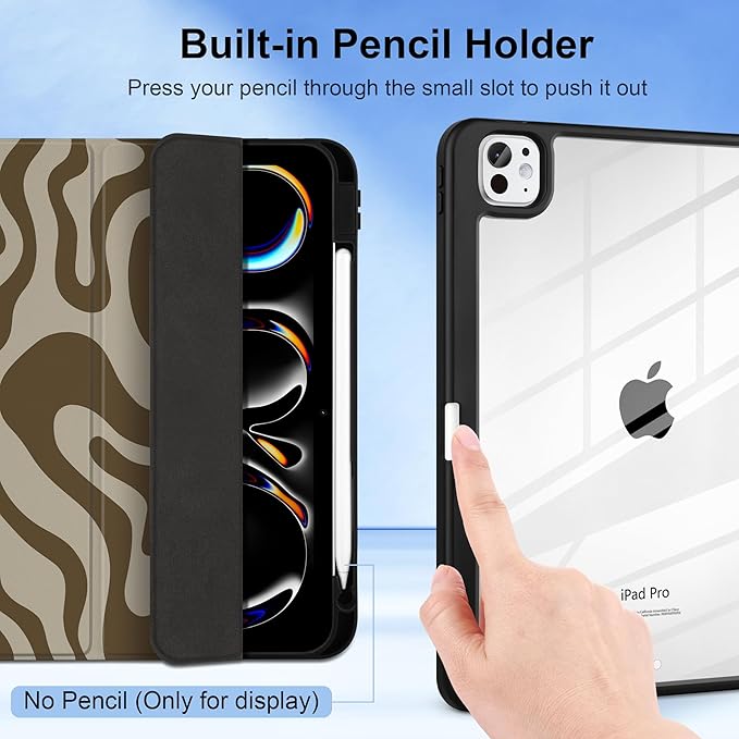 TWOLSKOO Case for iPad Pro 11-inch (M5 2025 / M4 2024), Clear Acrylic Back with TPU Bumper, Pencil Holder, Trifold Stand, Auto Sleep/Wake, Brown Waves