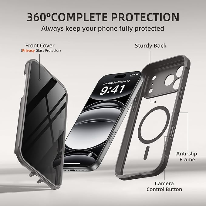 BERFY for iPhone 17 Pro Max Case, Compatible with MagSafe, Built-in Privacy Screen Protector, Camera Protection, Shockproof Full Body Phone Case 6.9", Clear Grey