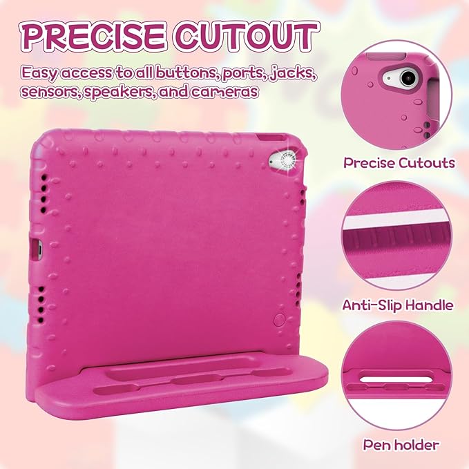 Kids Case for iPad A16 11th (2025)/iPad 10th Gen (2022) with Pencil Holder & Handle Stand, Super Protection EVA Toddler-Friendly Cover for iPad 11"(A16)/10th Generation 10.9"-Rose Red
