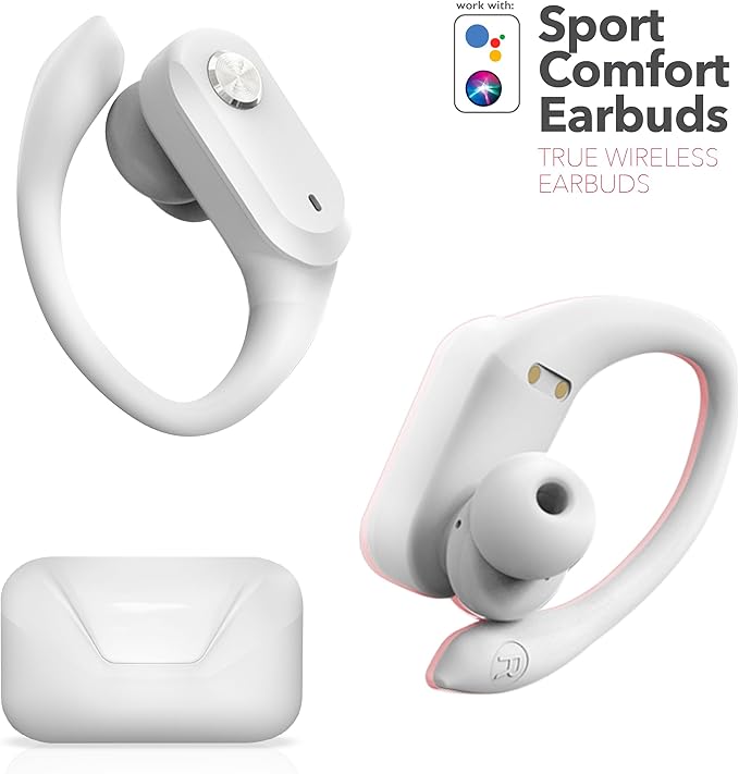 RCA Wireless Earbuds Bluetooth 5.3 Headphones Sport Sweat Resistant Sports Earphones with Earhooks,48H Playtime,Lightweight 7.8g,Fast Charging Case,Noise Cancelling Mic for Running Gym Workout-White