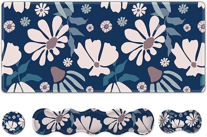 ARTSO Keyboard Mouse Pad Set, Blue Flower Large Gaming Mousepad +Keyboard Wrist Rest +Mouse Wrist Rest +Coaster, Ergonomic Mousepad Memory Foam Cushion for Home Office