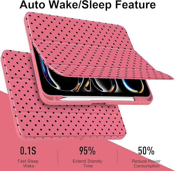 Case for iPad Pro 11 Inch (M5 2025 M4 2024) – [Built-in Pencil Holder], Shockproof & Stylish, Clear Hard Back + Soft TPU Edge, Magnetic Trifold Stand, Auto Wake/Sleep, Rose red Polka dot