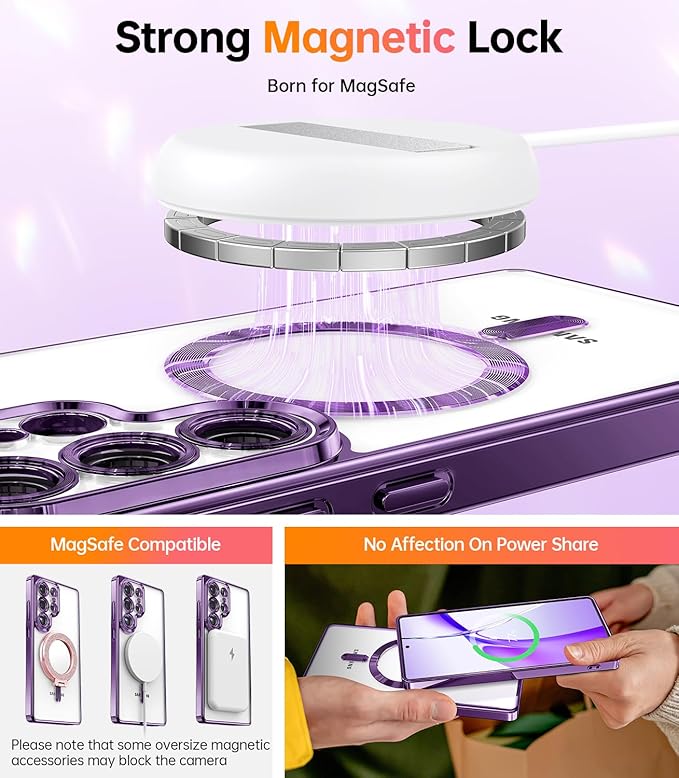 Meifigno Case Designed for Samsung Galaxy S25 Ultra 6.9 inch, [Compatible with MagSafe] [2X HD Screen Protectors] [Glitter Card & Wrist Strap] Full Lens Protection Case for Galaxy S25 Ultra, Purple