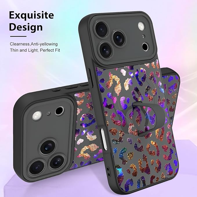 KANGHAR Compatible with iPhone 17 Pro Max Case, Support for MagSafe, Silicone Cute Iridescent Leopard Cheetah Pattern, Wristband Kickstand Shockproof Protective Slim Cover for Women Girls, Black