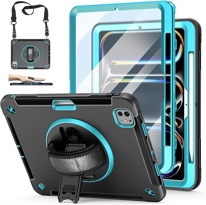 Case for iPad Pro 13 Inch M5 2025/ M4 2024: Military Grade Cover for iPad Pro 13" with Screen Protector - Stand - Handle - Shoulder Strap - Pencil Holder-Mint Green