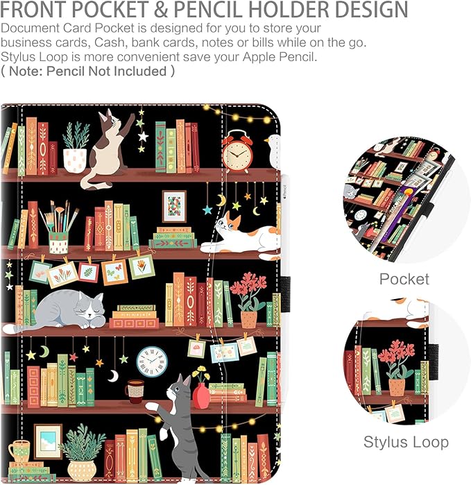 iPad Pro 13 inch Case (M5) 2025, Case for iPad Pro 13-inch (M4) 2024 with Pencil Holder Multi-Angle View Adjustable Stand Shockproof Protective with Pocket/Hand Strap/Auto Wake Sleep, Bookshelf Cat