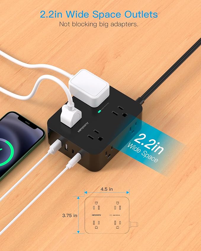 Power Strip Surge Protector, HANYCONY 5Ft Ultra Thin Flat Extension Cord with Multiple Outlets, 8 Widely Outlet Extender 4 USB Ports(2 USB C), 1080J Wall Mount for College Dorm Room Essentials Black