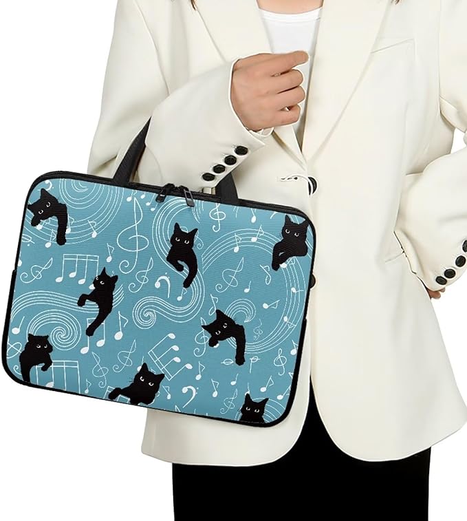 10 Inch Laptop Sleeve, Music Note Black Cats Laptop Cover Computer Bag Tablet Carrying Case with Handle, Durable Tote Bags Notebook Case Handbag Briefcase Shoulder Bag for Business/School