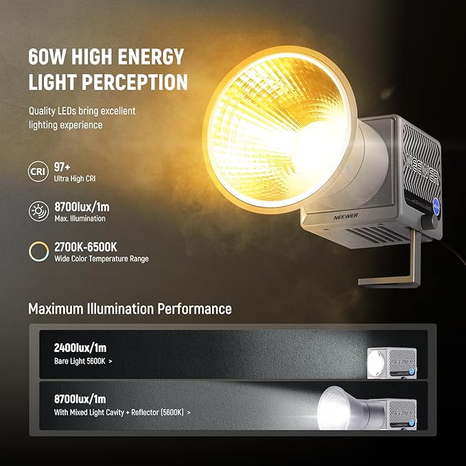NEEWER HS60C Pro 60W Portable RGB LED Video Light, APP DMX/Panel Control/Custom Effects/Light Group 8700Lx/1m 2700-6500K CRI97+ COB Continuous Output Lighting for Video Recording Studio Photography