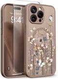 GVIEWIN for iPhone 15 Pro Max Case Compatible with MagSafe, [Military Grade Protection] [Screen Protector] Full Camera Protection Floral Translucent Women Magnetic Phone Case, Autumnflit/Brown