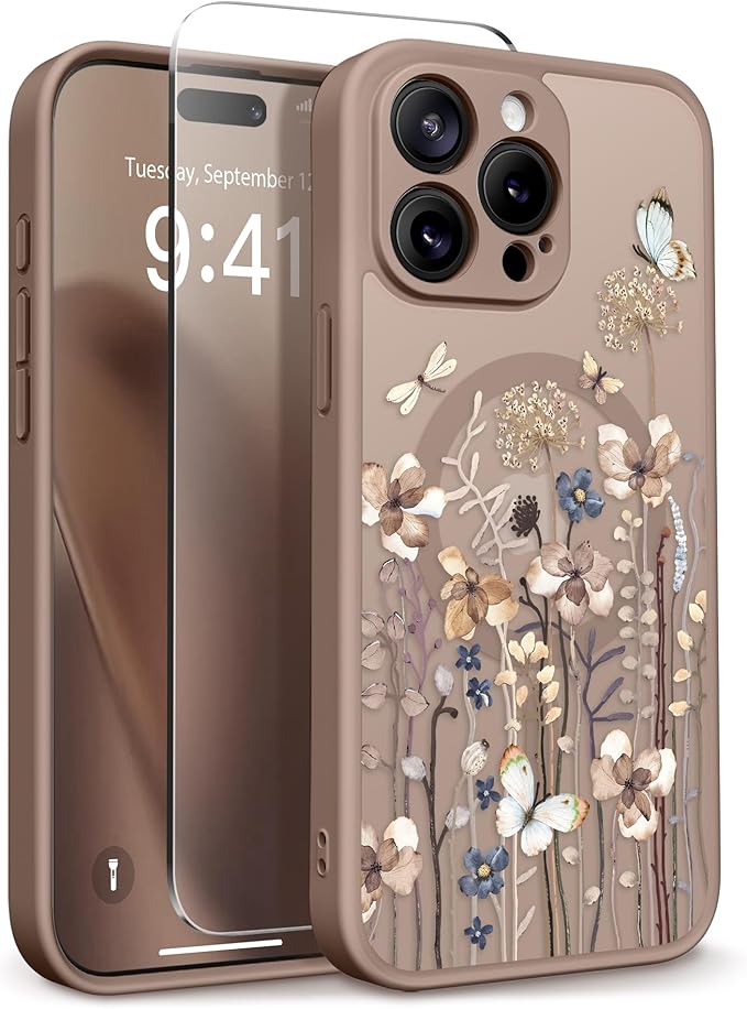 GVIEWIN for iPhone 15 Pro Max Case Compatible with MagSafe, [Military Grade Protection] [Screen Protector] Full Camera Protection Floral Translucent Women Magnetic Phone Case, Autumnflit/Brown