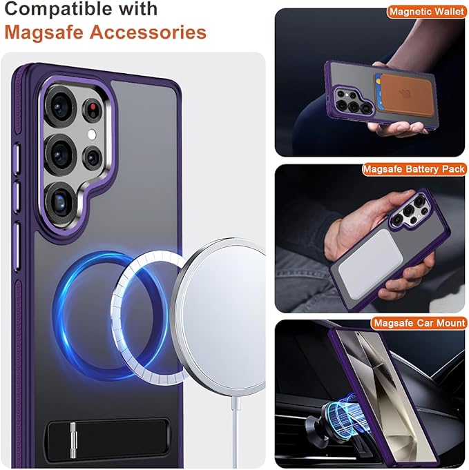 MALEWOLF Stand for Samsung Galaxy S25 Ultra Case Magnetic, Phone Case Compatible with MagSafe, Anti-Slip Grip & Slim Translucent Cover, Rugged Drop Protection (Dark Purple)