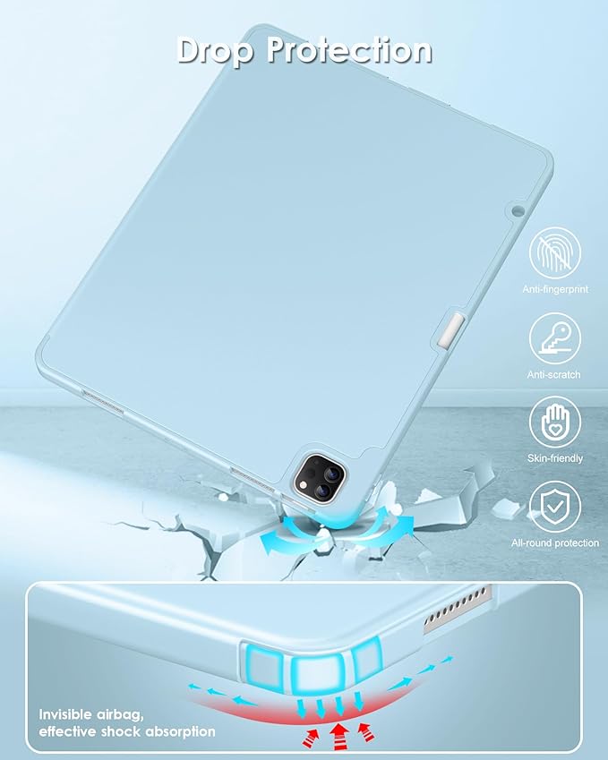 DTTO for iPad Air 13 Inch Case M4/M3/M2 2026/2025/2024, iPad Pro 12.9 Inch Case (6th/5th/4th/3rd Gen), Smart Slim Trifold Stand Soft Cover with Pencil Holder, Ice Blue