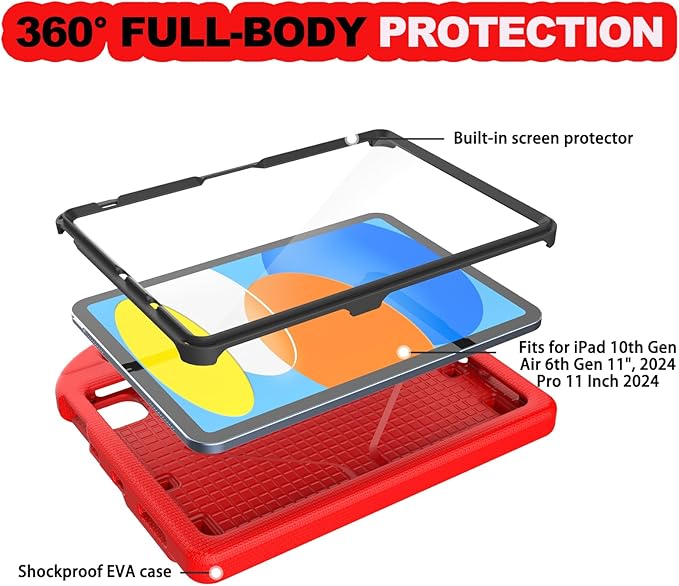 YIHE Kids Case for iPad A16 11th Generation (11" 2025) & 10th Gen (10.9" 2022) | Shockproof Tablet Cover with Built-in Screen Protector & Pencil Holder for iPad 10.9/11 Inch, Red Black