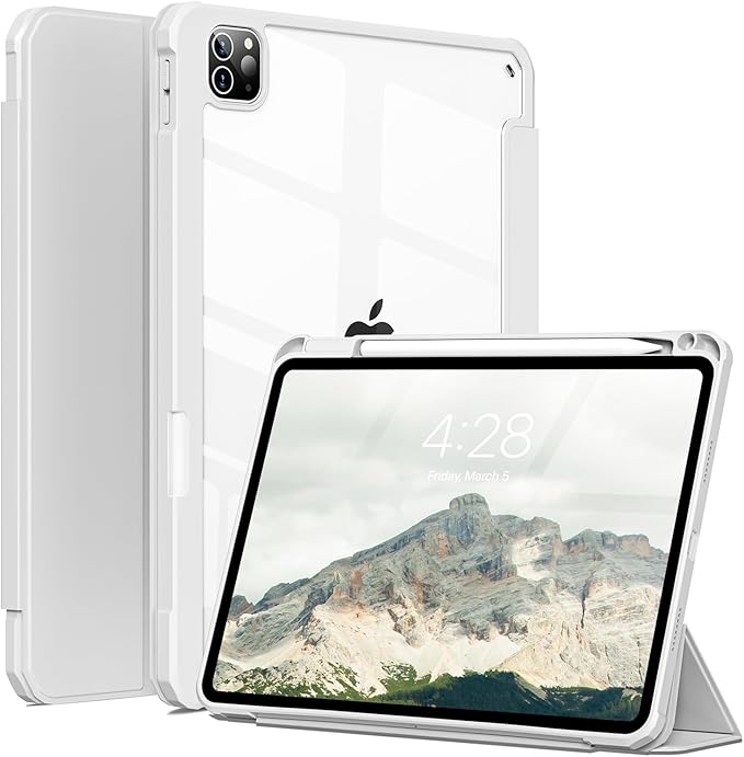 Case for iPad Pro 12.9 Inch (6th/5th/4th/3rd Generation 2022/2021/2020/2018) with Pencil Holder, Clear Transparent Back Shell Slim Stand Shockproof Tablet Cover, Auto Wake/Sleep, Gray