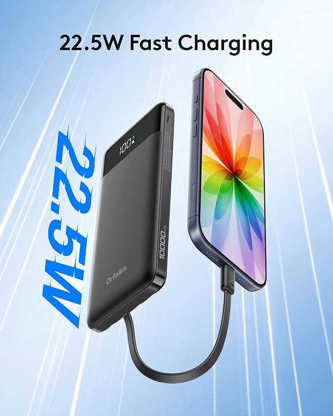 Orfeika Portable Phone Charger, 10000mAh Portable Charger Power Bank with Built-in Cables, Travel Essential Battery Pack Compatible with iPhone, Samsung, Google, iPads, Tablets, etc