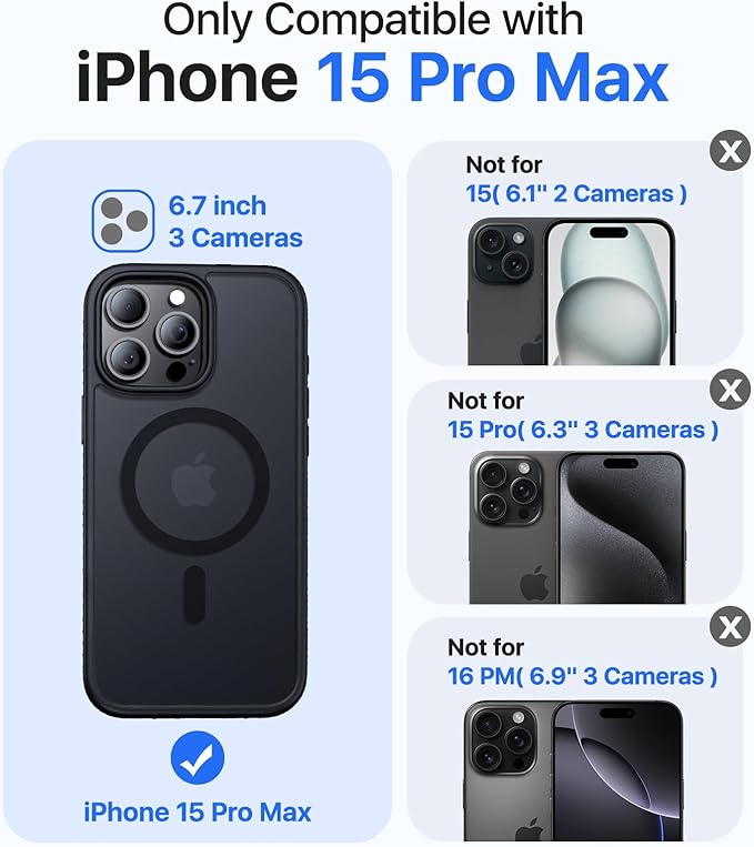 Magnetic for iPhone 15 Pro Max Case[Compatible with MagSafe][Military-Grade Drop Protection][Anti-Yellowing]Shockproof Protective Translucent Matte Cover for iPhone 15 Pro Max Phone Case,Black