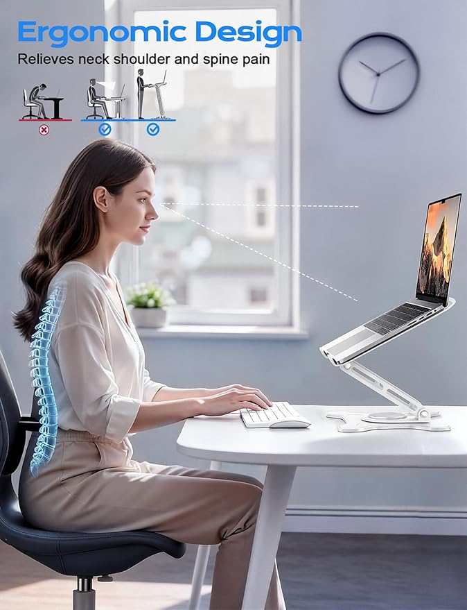 JCZT Adjustable Laptop Stand, 360° Rotating Base Ergonomic Computer Stand, Foldable Laptop Stand for Desk for Office Home Fits Compatible with MacBook Pro Air (10-16") - White
