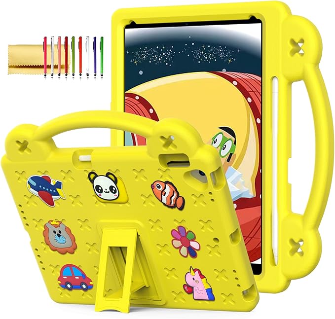Dteck for iPad 9th/8th/7th Generation 10.2" Kids Case,Cartoon Panda Shockproof Rugged Lightweight Convertible Handles Stand Kid Friendly Case with Pencil Holder for iPad 10.2 2021/2020/2019,Yellow