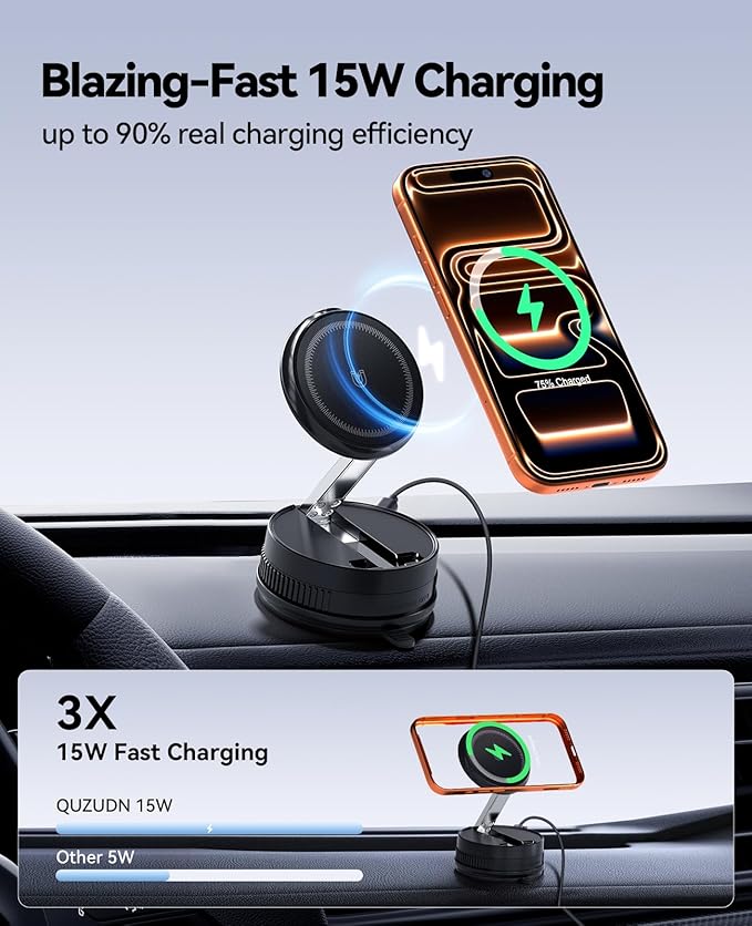 2026 Upgraded 15W MagSafe Car Mount Charger,Magnetic Wireless Car Charger,360° Rotatable Strong Hold Car Phone Mount with Vacuum Suction Cup & Nano Adhesive Base for iPhone 17 16 15 14 13 12,Samsung