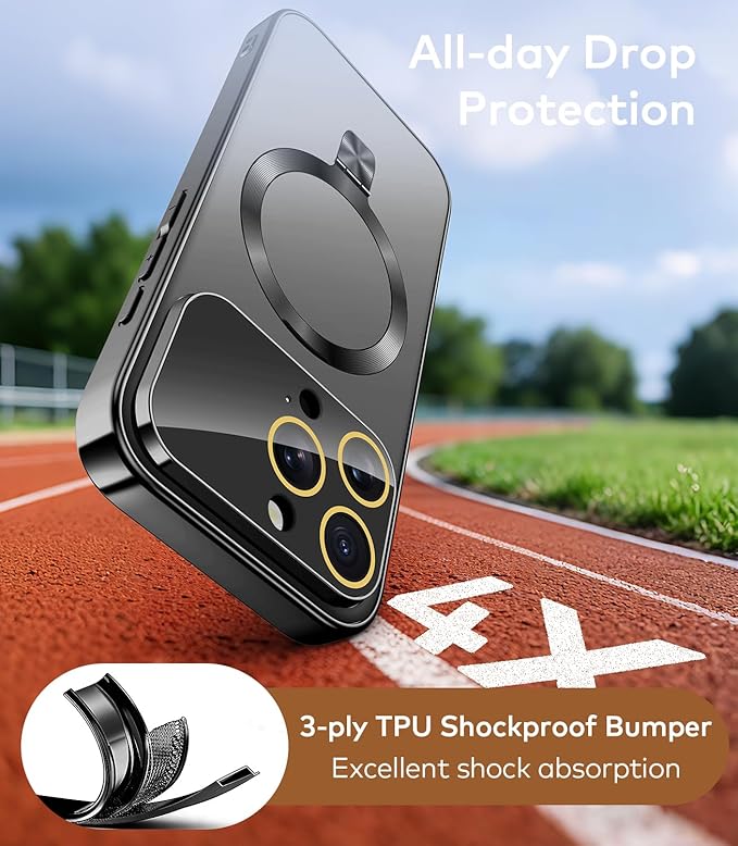 TOBOVON Magnetic for iPhone 16 Pro Case with Ring Stand, Fits MagSafe, with Built-in Camera Lens Protector, Slim Electroplated Shockproof Phone Cover, Black