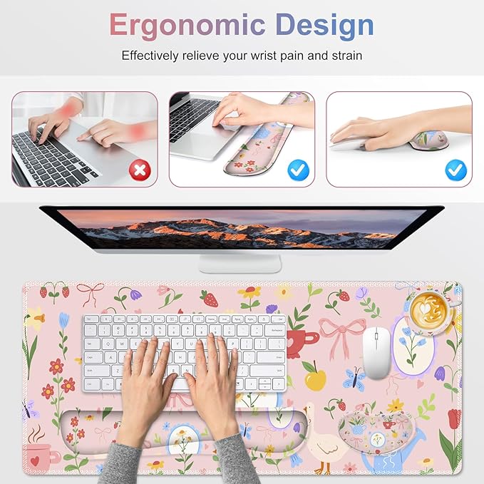 Large Gaming Mouse Pad Set, Adorable Style 4 in1 Ergonomics Keyboard Desk Mat with Memory Foam Wrist Rest, Extended Game Mousepad, Non-Slip Desk Pad Matt Easy Typing Pain Relief I Pink Girly
