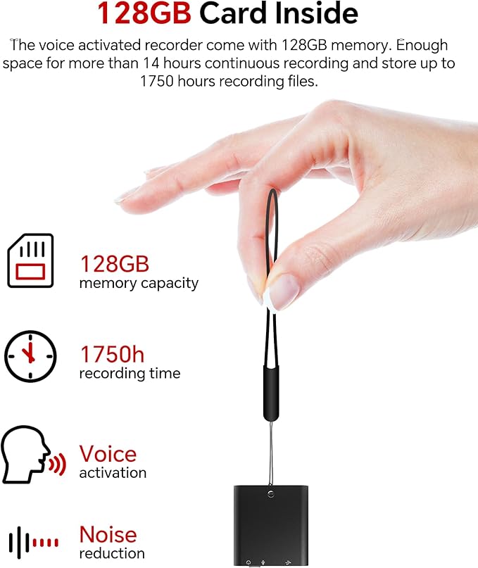 128GB Digital Voice Recorder, Rechargeable Audio Voice Activated Recorder – Perfect for Recording Lectures, Meetings, Conversation and Interviews MicroSD Card (128GB Black)