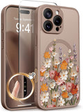 GVIEWIN for iPhone 16 Pro Max Case Compatible with MagSafe, [Military Grade Protection] [Screen Protector] Full Camera Protection Floral Translucent Women Magnetic Phone Case, Primrose/Gold