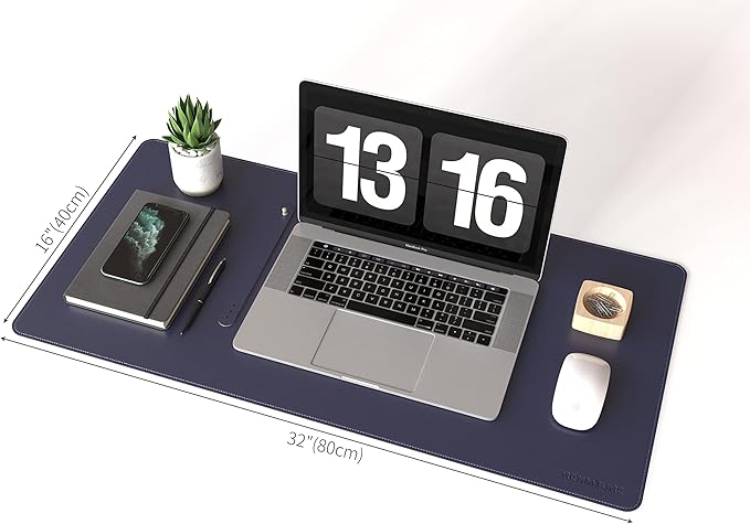 RENMTURE Dual-Sided Mouse Pad, Natural Cork & PU Leather Large Desk Pad for Office and Home Work, Desk Protector Non-Slip, Waterproof, Easy Clean (Dark Blue, 32"x16")