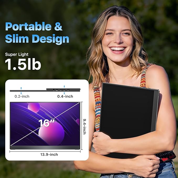 VisionOwl Portable Monitor 16 Inch 2.5K QHD 144Hz 16:10 Second Screen, USB-C HDMI HDR Travel Monitor for Laptop PC MacBook PS5 Xbox, VESA Mountable, with Speakers, Built-in Kickstand