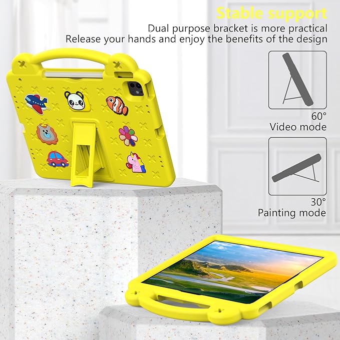 Kids Case for iPad Air 13 inch M3 2025/M2 2024,iPad Pro 13 inch M4 2024 & iPad Pro 12.9 inch Case 6th/5th/4th/3rd Gen 2022 2021 2020 2018 with Stand/Pencil Holder/Handle, Yellow Bear