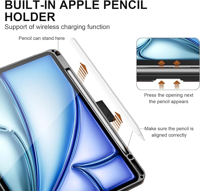 Genuine Leather Case for iPad Air 13 inch M4 2026/M3 2025/M2 2024, with Pencil Holder and Adjustable Stand, Magnetic Closure, Auto Wake/Sleep Cover | Black