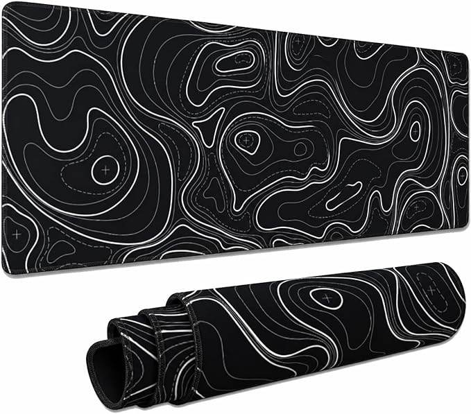 Large Gaming Mouse Pad Black Topographic Contour Mouse Pad Extended XL Long Mousepad Big Desk Mat with Stitched Edges & Nonslip Rubber Base for Company Office Work, 31.5 X 11.8 Inch