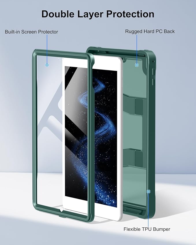 DTTO Case for iPad 6th/5th Generation 9.7 Inch 2018/2017, Adjust Kickstand Freely, Built-in Screen Protector, Frosted Full-Body Shockproof Protective Cover for iPad Air 2 / Pro 9.7, Midnight Green