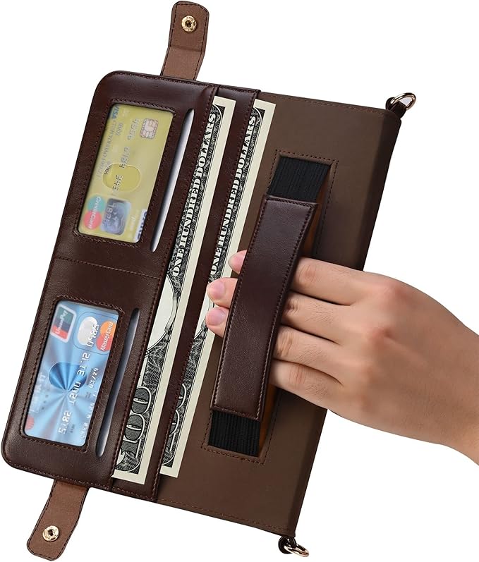 Handbag Case for iPad Pro 11" 2022/2021/2020 & iPad Air 11" M3 M2, Techcircle Folio Stand PU Leather Hand Strap Protective Cover, Crossbody Pencil Holder Card Slots Wallet Case, Dark Brown