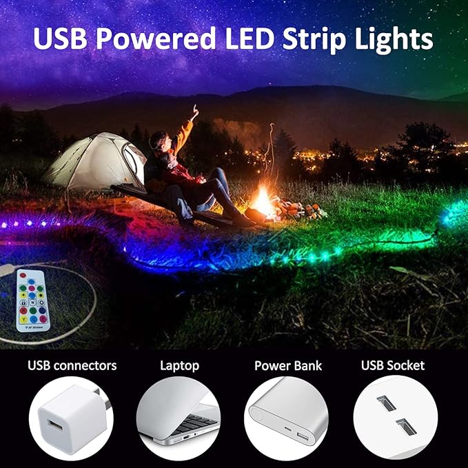 USB Powered LED Strip Light TV Backlight 16.4FT/5M RGB Led Lights Waterproof USB Lights Strip with RF Remote TV/PC Background Bias Lighting Cuttable Strip Lights for Indoor DIY Decoration