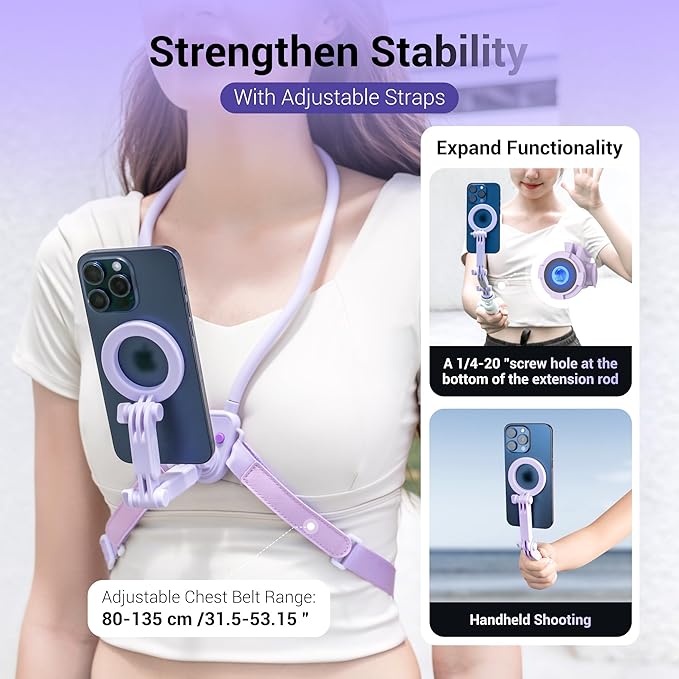 JJC Magnetic Neck Mount for Phone & Action Camera, POV Neck Holder for iPhone 17-12 Series Android Phones Gopro Insta360 with Quick Release & Angles Adjustment for Content Creating Women-Purple